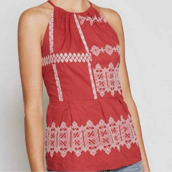 NWT Joie Konomi Top Size 4 Embroidered Halter Sleeveless Tank Peplum Brick Red - Picture 3 of 15